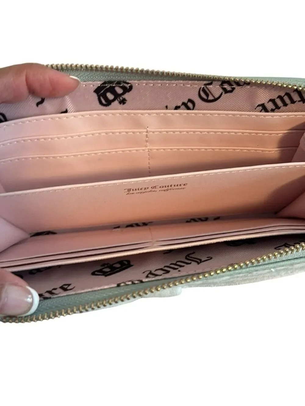 Juicy Couture Light Blue Quilted Bow Wallet Plush Goldtone Hardware New